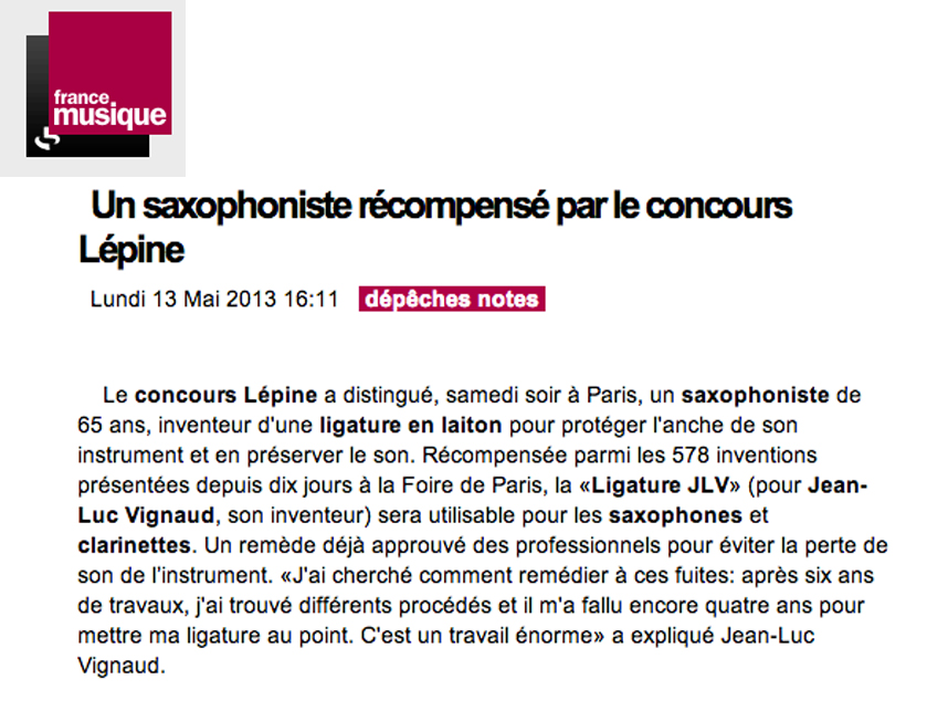 Article de presse France Musique Au sujet de la Ligature JLV - JLV Sound pour sax et clarinette